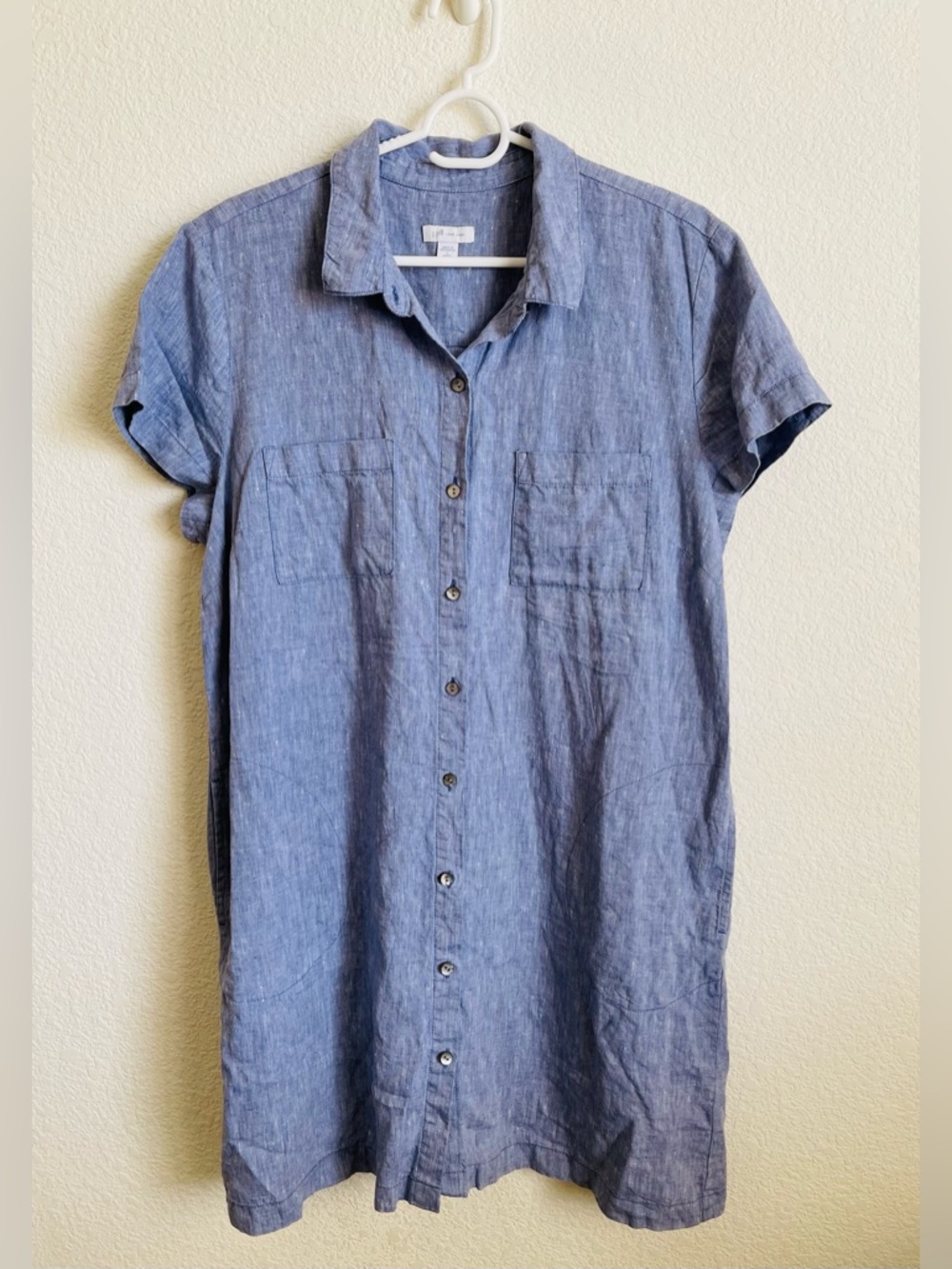 J. JILL Love Linen Short-Sleeve Button-Front Shirt Dress Heather Blue Size LP